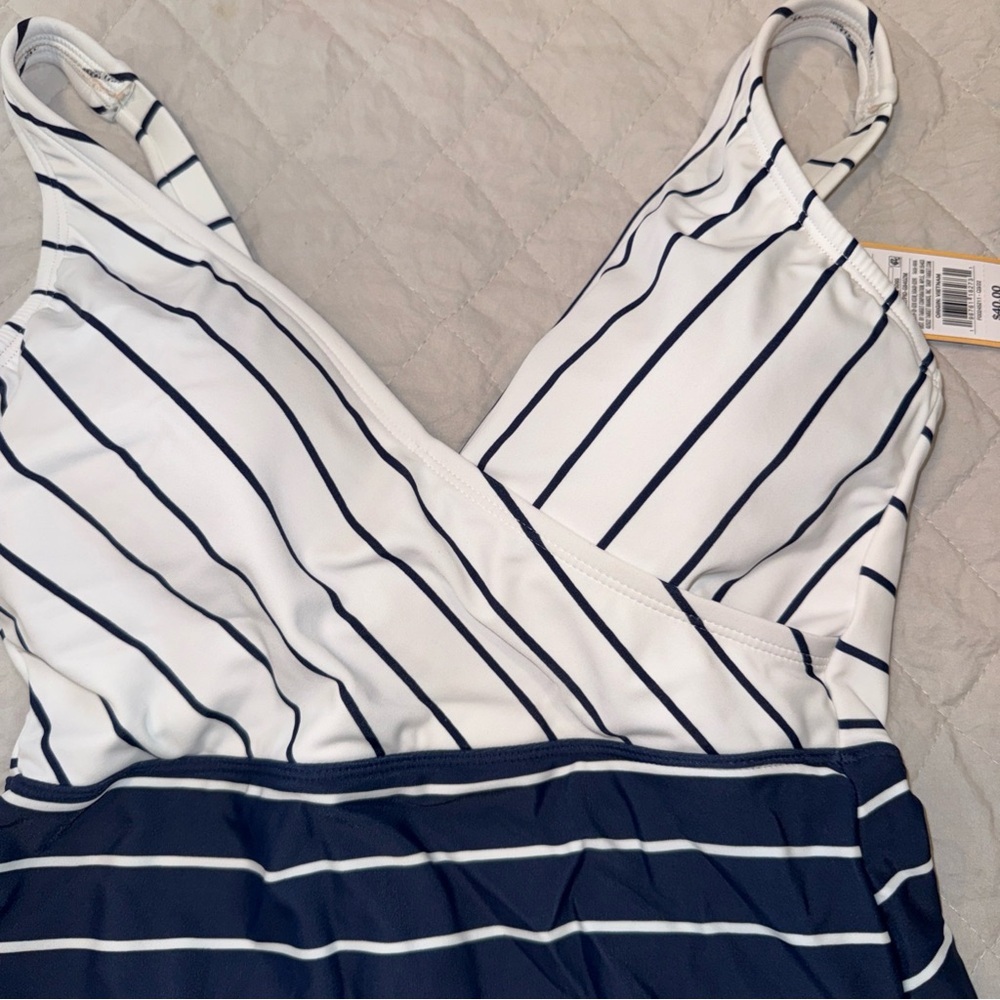 Kona Sol Nautical White and Navy Striped One-Piece Swimsuit - Picture 2 of 8